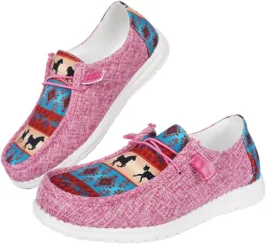 Women's Aztec Print Pattern Canvas Loafer Shoes Ethnic Lace-up Slip-on Sneakers Wide Width and Arch Support Lightweight Walking Breathable Shoes Comfort, Color Blue Brown Rose-Red