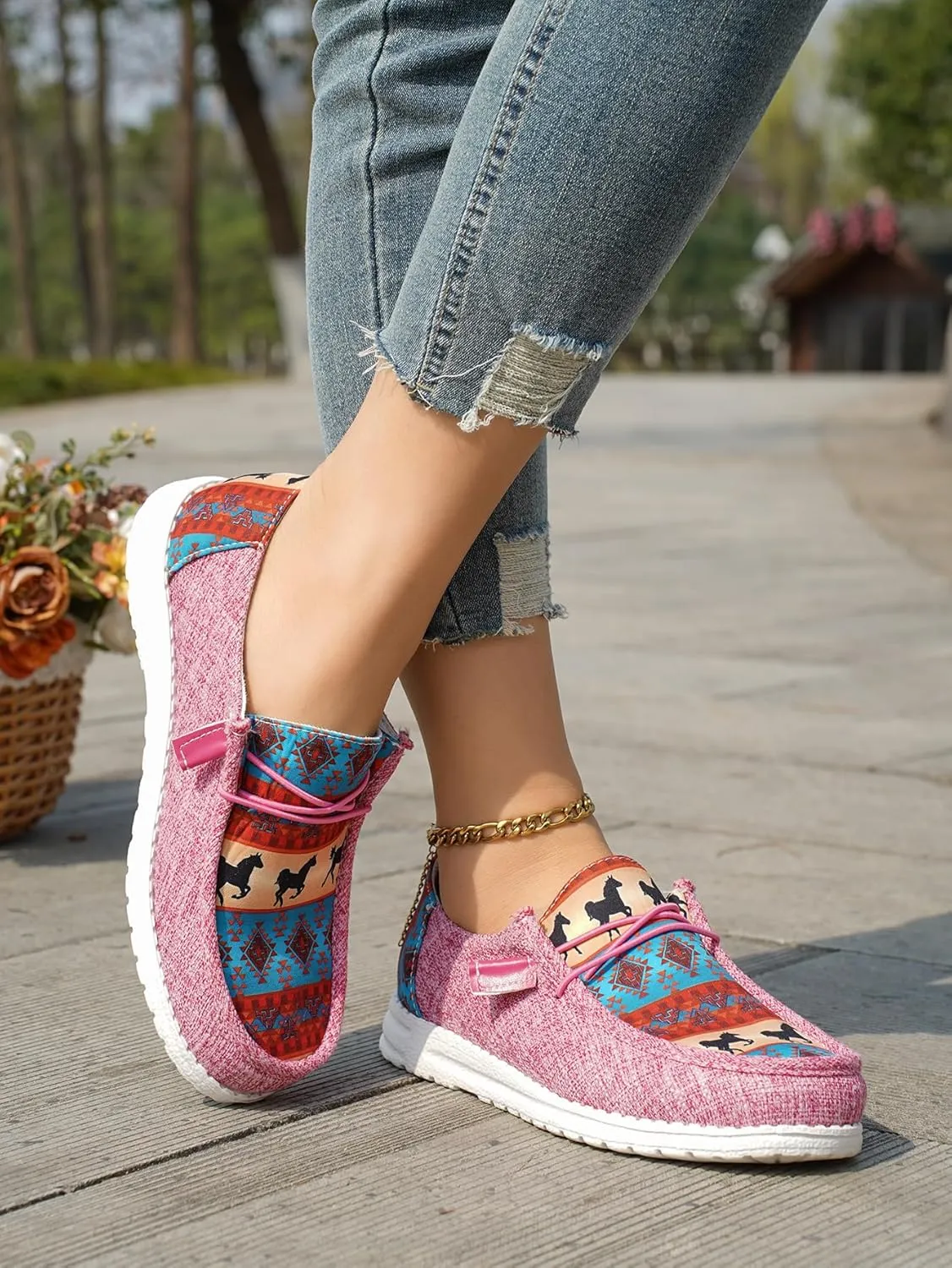 Women's Aztec Print Pattern Canvas Loafer Shoes Ethnic Lace-up Slip-on Sneakers Wide Width and Arch Support Lightweight Walking Breathable Shoes Comfort, Color Blue Brown Rose-Red