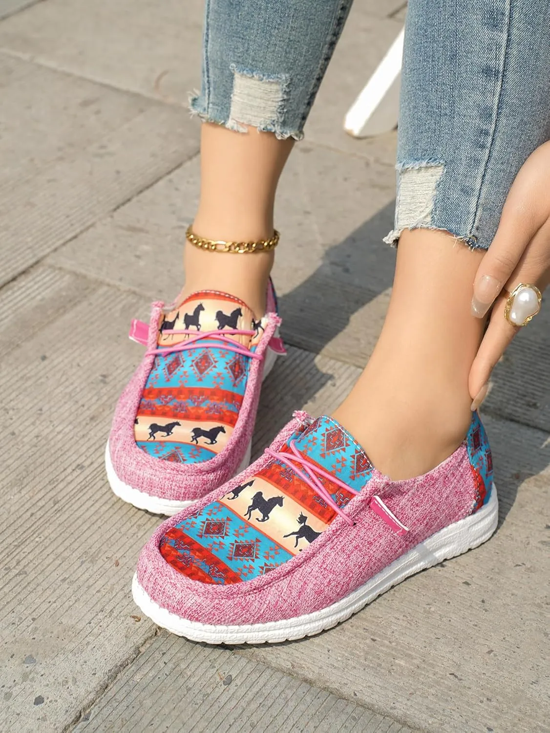 Women's Aztec Print Pattern Canvas Loafer Shoes Ethnic Lace-up Slip-on Sneakers Wide Width and Arch Support Lightweight Walking Breathable Shoes Comfort, Color Blue Brown Rose-Red