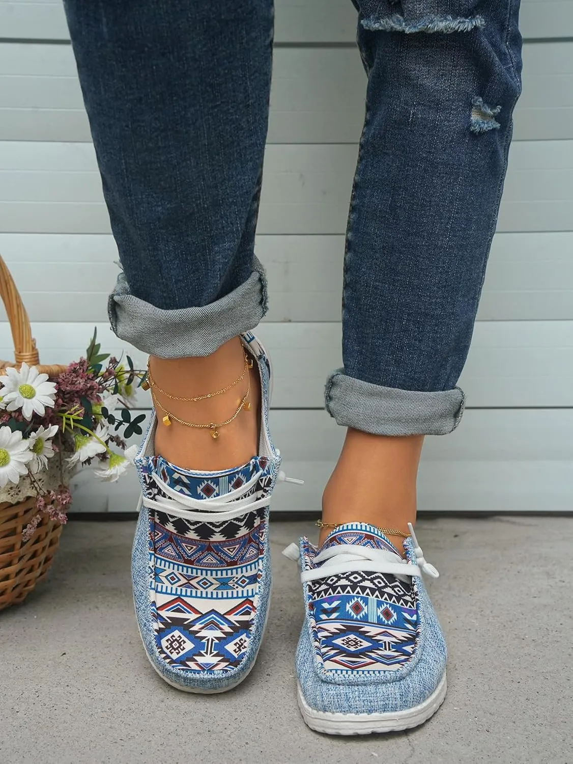 Women's Aztec Print Pattern Canvas Loafer Shoes Ethnic Lace-up Slip-on Sneakers Wide Width and Arch Support Lightweight Walking Breathable Shoes Comfort, Color Blue Brown Rose-Red