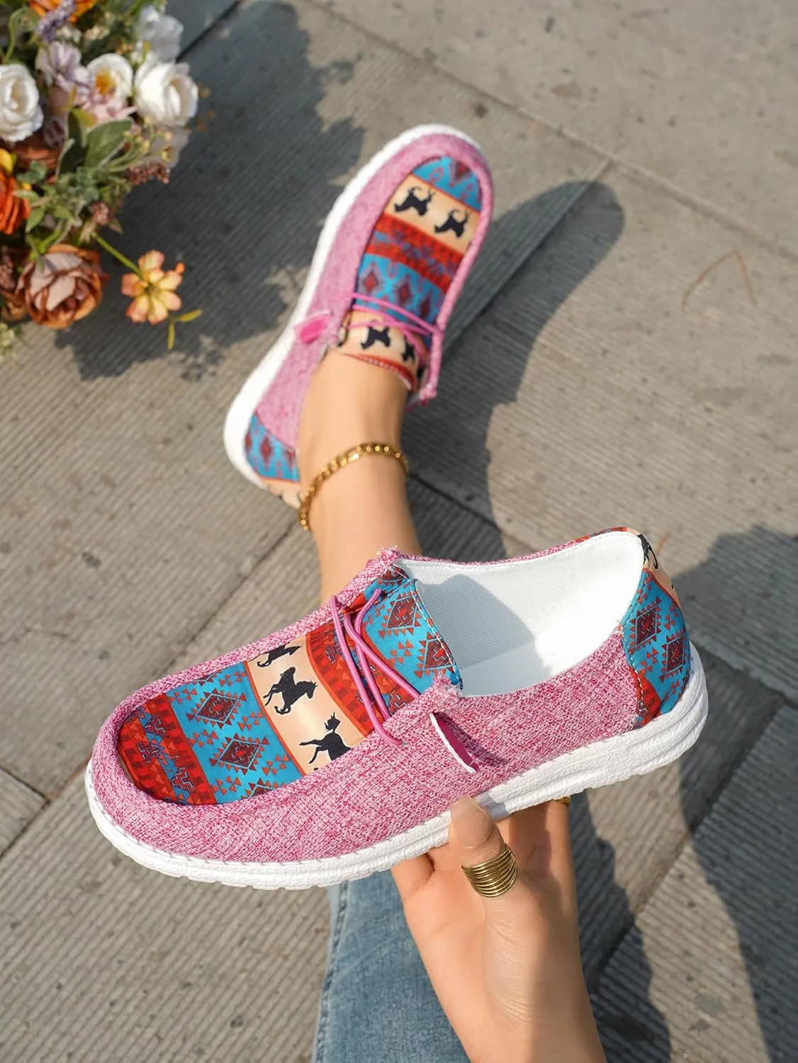 Women's Aztec Print Pattern Canvas Loafer Shoes Ethnic Lace-up Slip-on Sneakers Wide Width and Arch Support Lightweight Walking Breathable Shoes Comfort, Color Blue Brown Rose-Red