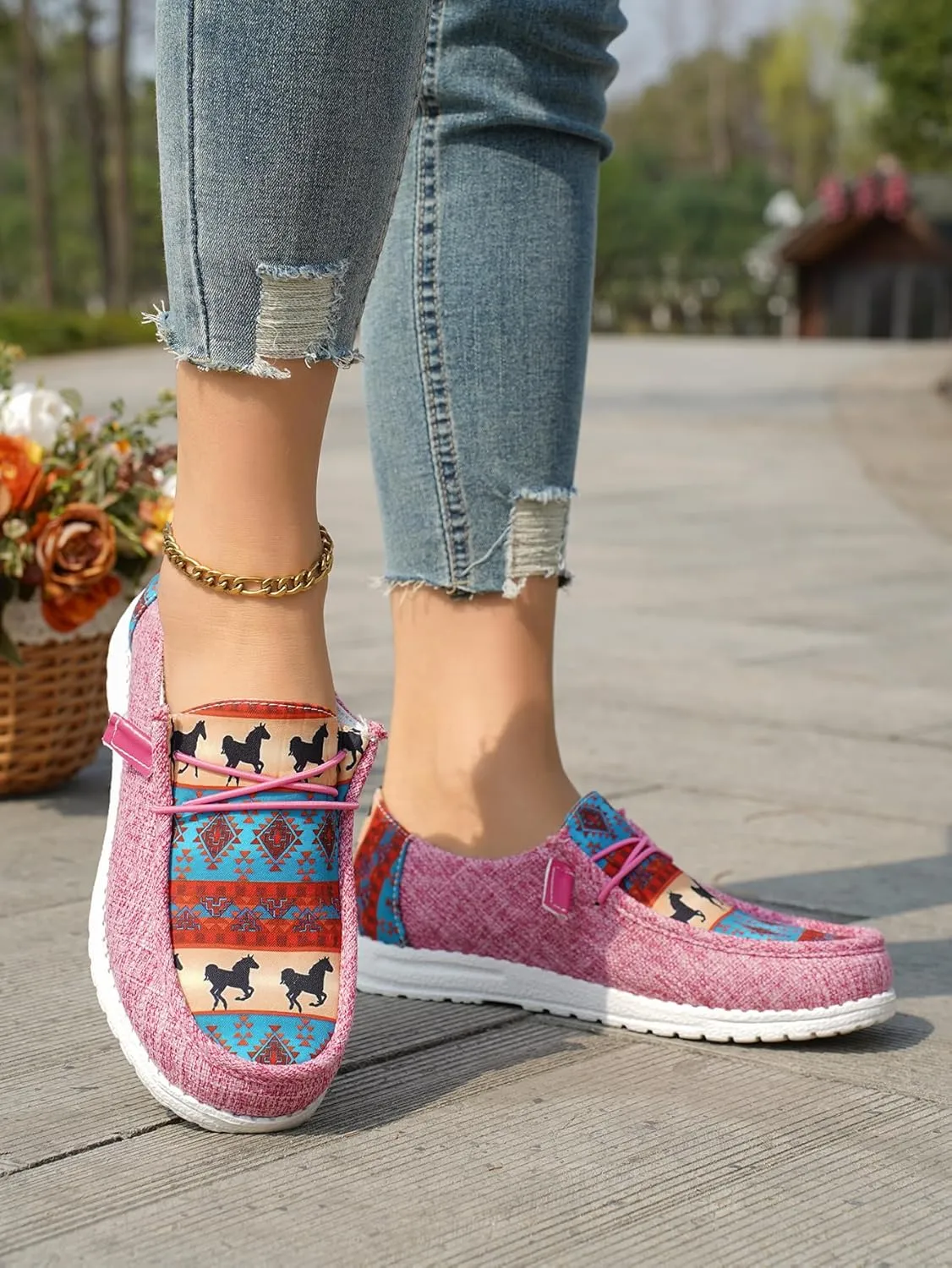Women's Aztec Print Pattern Canvas Loafer Shoes Ethnic Lace-up Slip-on Sneakers Wide Width and Arch Support Lightweight Walking Breathable Shoes Comfort, Color Blue Brown Rose-Red