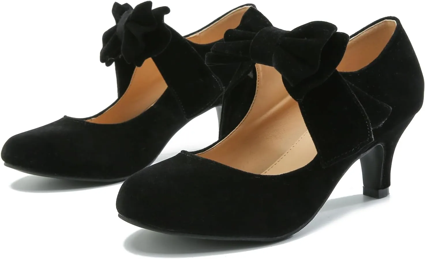 Women's Bow Mary Jane Kitten Heel Round Toe Low Heels Ankle Strap Dress Evening Party Pumps