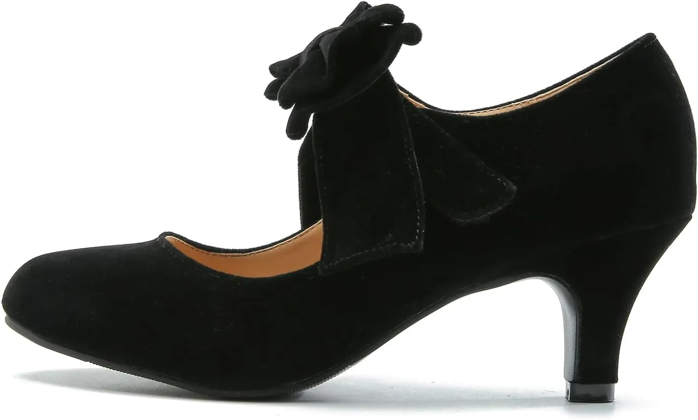Women's Bow Mary Jane Kitten Heel Round Toe Low Heels Ankle Strap Dress Evening Party Pumps
