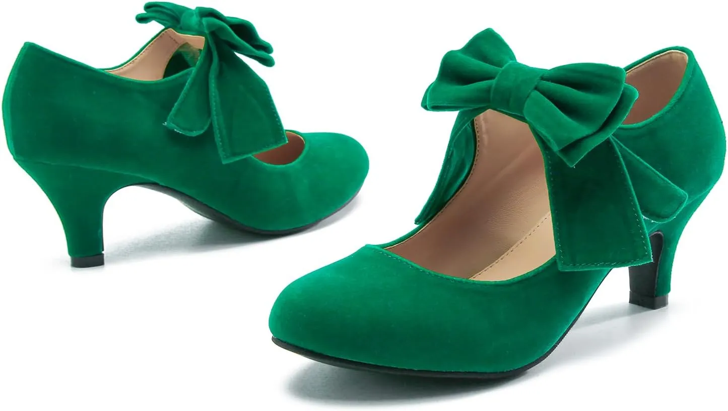 Women's Bow Mary Jane Kitten Heel Round Toe Low Heels Ankle Strap Dress Evening Party Pumps