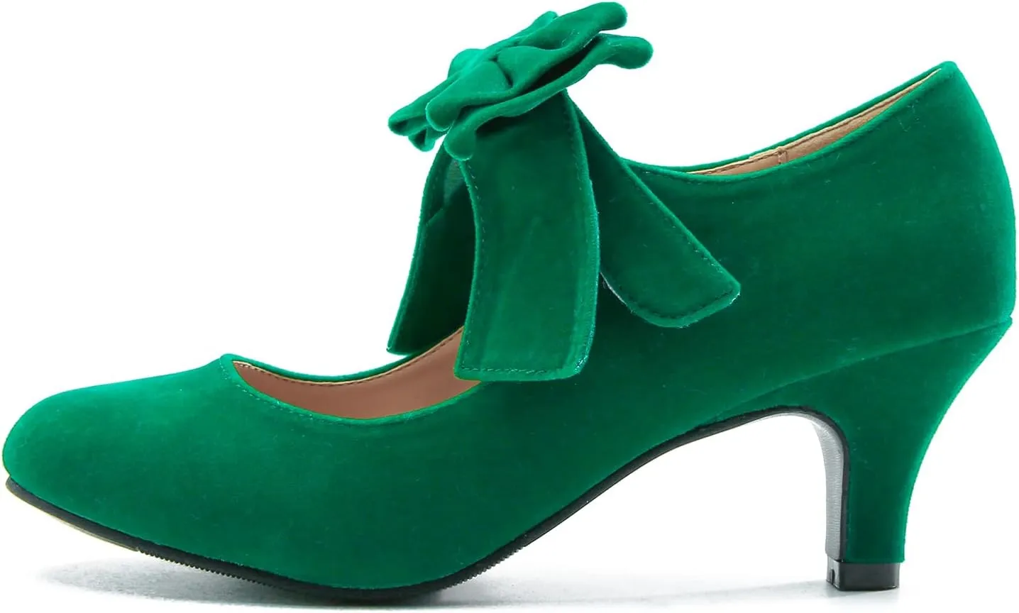 Women's Bow Mary Jane Kitten Heel Round Toe Low Heels Ankle Strap Dress Evening Party Pumps