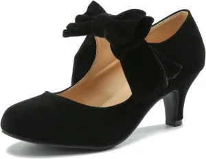 Women's Bow Mary Jane Kitten Heel Round Toe Low Heels Ankle Strap Dress Evening Party Pumps