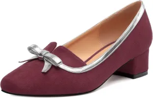 Women's Bowknot Low Chunky Block Heels Suede Square Closed Toe Slip On Pumps Evening Wedding Party Office Work Dress Shoes ﻿