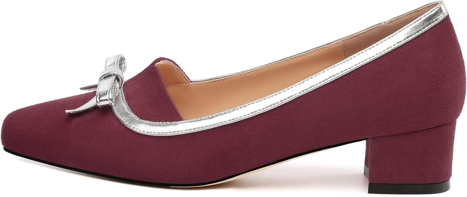 Women's Bowknot Low Chunky Block Heels Suede Square Closed Toe Slip On Pumps Evening Wedding Party Office Work Dress Shoes ﻿