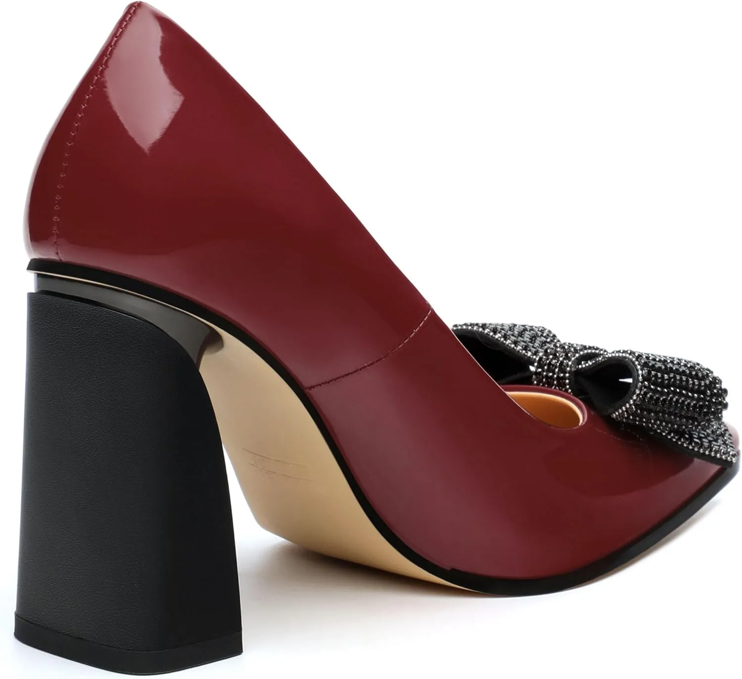 Womens Chunky Block High Heels Patent Closed Pointed Toe Bow Pumps Slip on Heels Wedding Party Dress Shoes 3.5IN