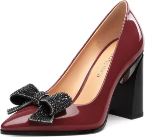 Womens Chunky Block High Heels Patent Closed Pointed Toe Bow Pumps Slip on Heels Wedding Party Dress Shoes 3.5IN