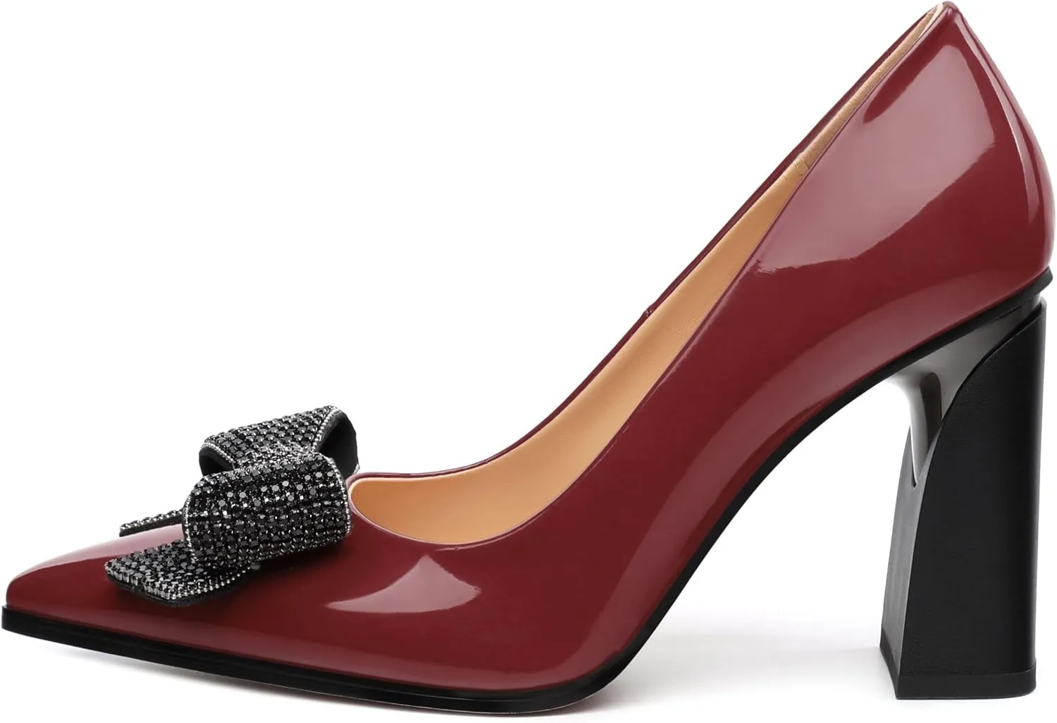 Womens Chunky Block High Heels Patent Closed Pointed Toe Bow Pumps Slip on Heels Wedding Party Dress Shoes 3.5IN