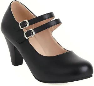 Women's Double Strap Mary Jane Pumps Cone High Chunky Heel Casual Round Toe Dress Office Work Shoes