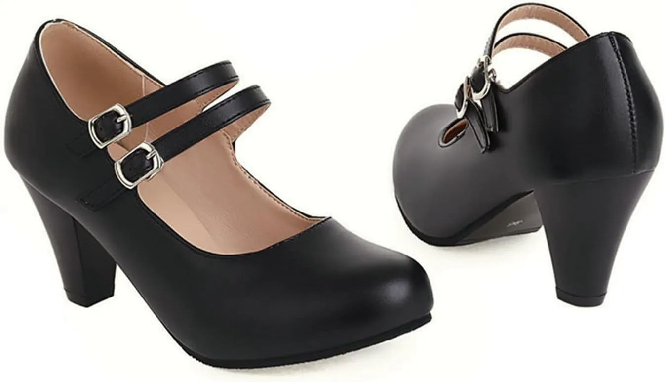 Women's Double Strap Mary Jane Pumps Cone High Chunky Heel Casual Round Toe Dress Office Work Shoes