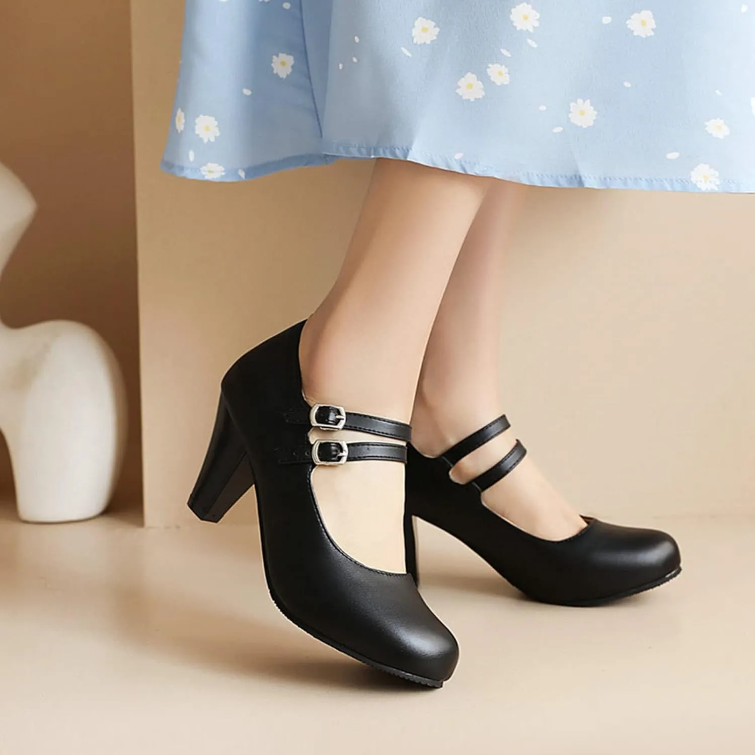 Women's Double Strap Mary Jane Pumps Cone High Chunky Heel Casual Round Toe Dress Office Work Shoes
