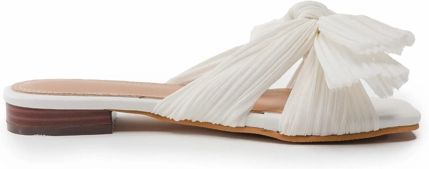 Women's Flat Sandals Casual Dress Sandal Satin Mules Slip On Bowknot Open Toe Backless Low Heeled Slipper Slides for Summer Wedding