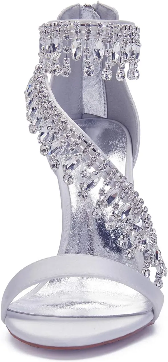 Women's Formal Wedding Sandals for Women High Stilettos for Bride Rhinestones Open Toe Heels Strappy Bridal Shoes
