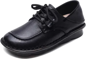 Women's Genuine Leather Wide Toe Lace-Up Flat Casual Shoes Vintage Round Toe Hand Stitching Comfortable Non-Slip Wedge Water Shoes for Driving, Outdoor Activities, Work