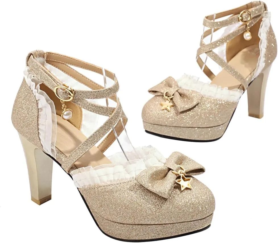 Women's Glitter Chunky High Heels Mary Jane Pumps Shoes Round Toe Platform Bow Lolita Party Dress Shoe