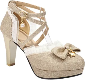 Women's Glitter Chunky High Heels Mary Jane Pumps Shoes Round Toe Platform Bow Lolita Party Dress Shoe
