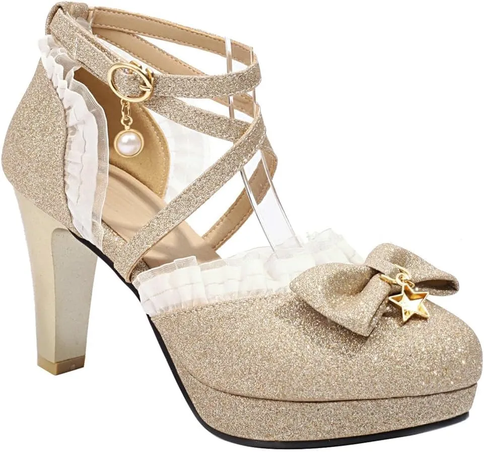 Women's Glitter Chunky High Heels Mary Jane Pumps Shoes Round Toe Platform Bow Lolita Party Dress Shoe
