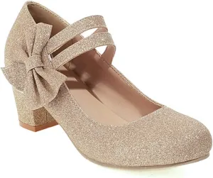 Women's Glitter Mary Janes Chunky Heel Pumps Closed Round Toe Comfort Bow Sparkling Party Dress Shoes