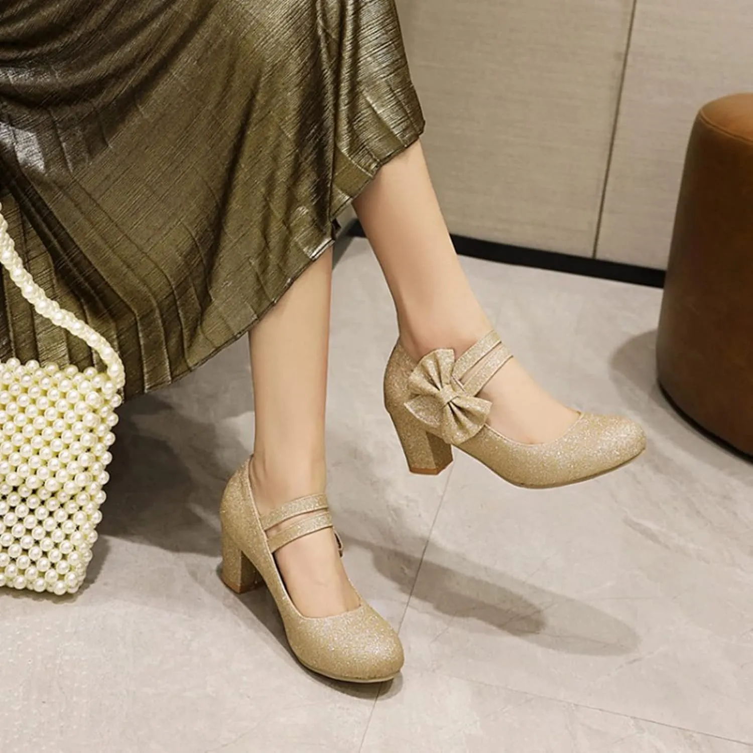 Women's Glitter Mary Janes Chunky Heel Pumps Closed Round Toe Comfort Bow Sparkling Party Dress Shoes