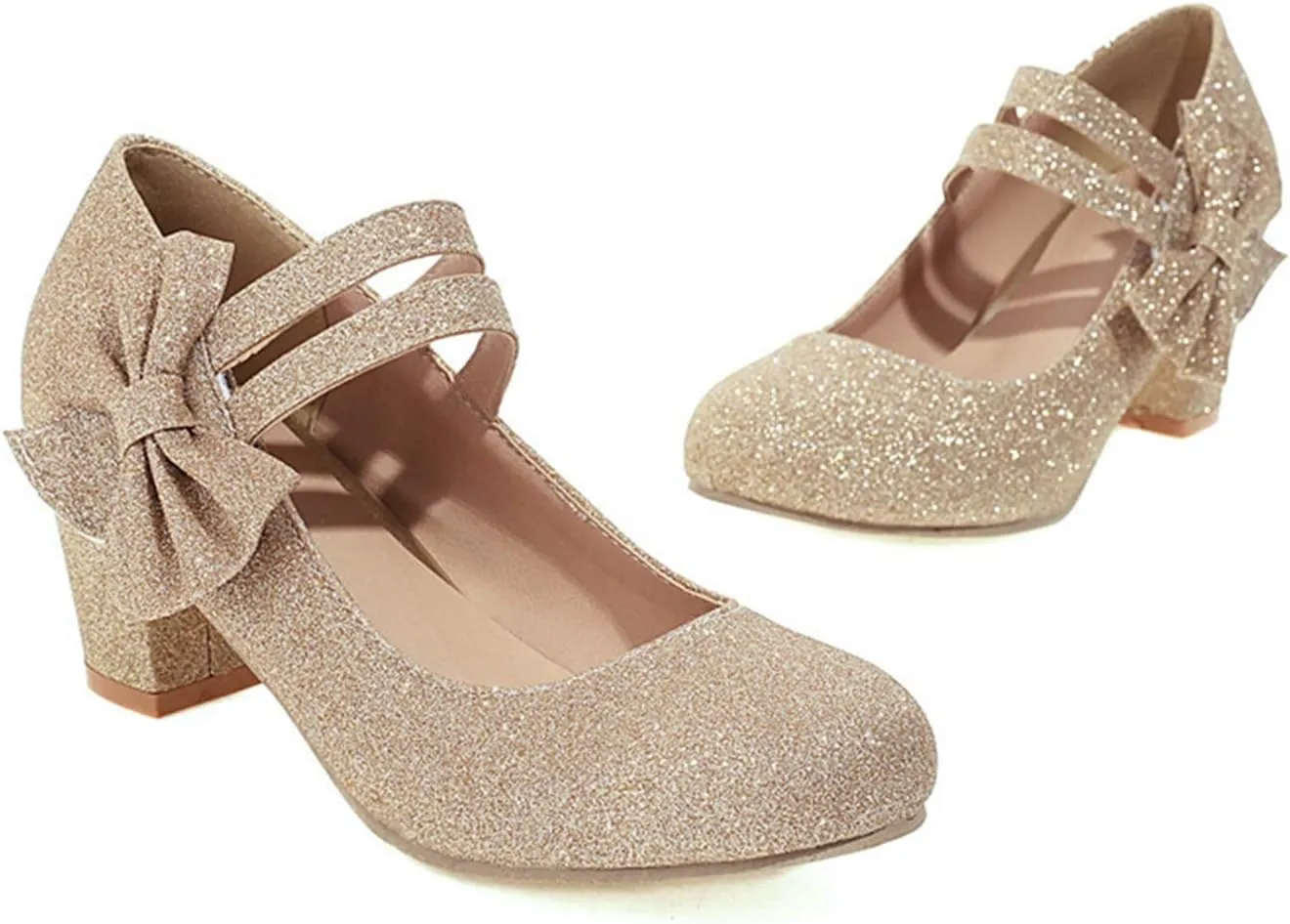 Women's Glitter Mary Janes Chunky Heel Pumps Closed Round Toe Comfort Bow Sparkling Party Dress Shoes