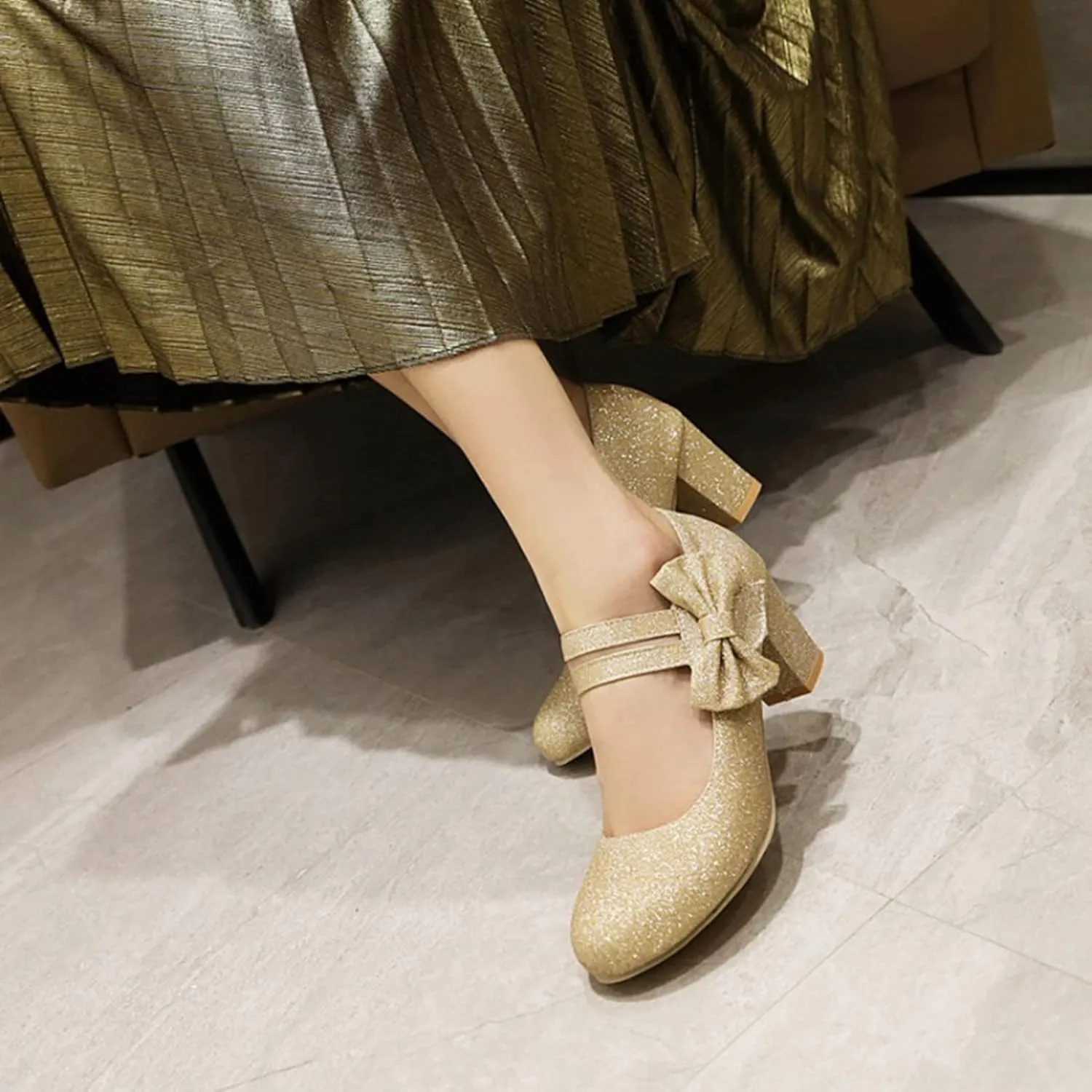 Women's Glitter Mary Janes Chunky Heel Pumps Closed Round Toe Comfort Bow Sparkling Party Dress Shoes