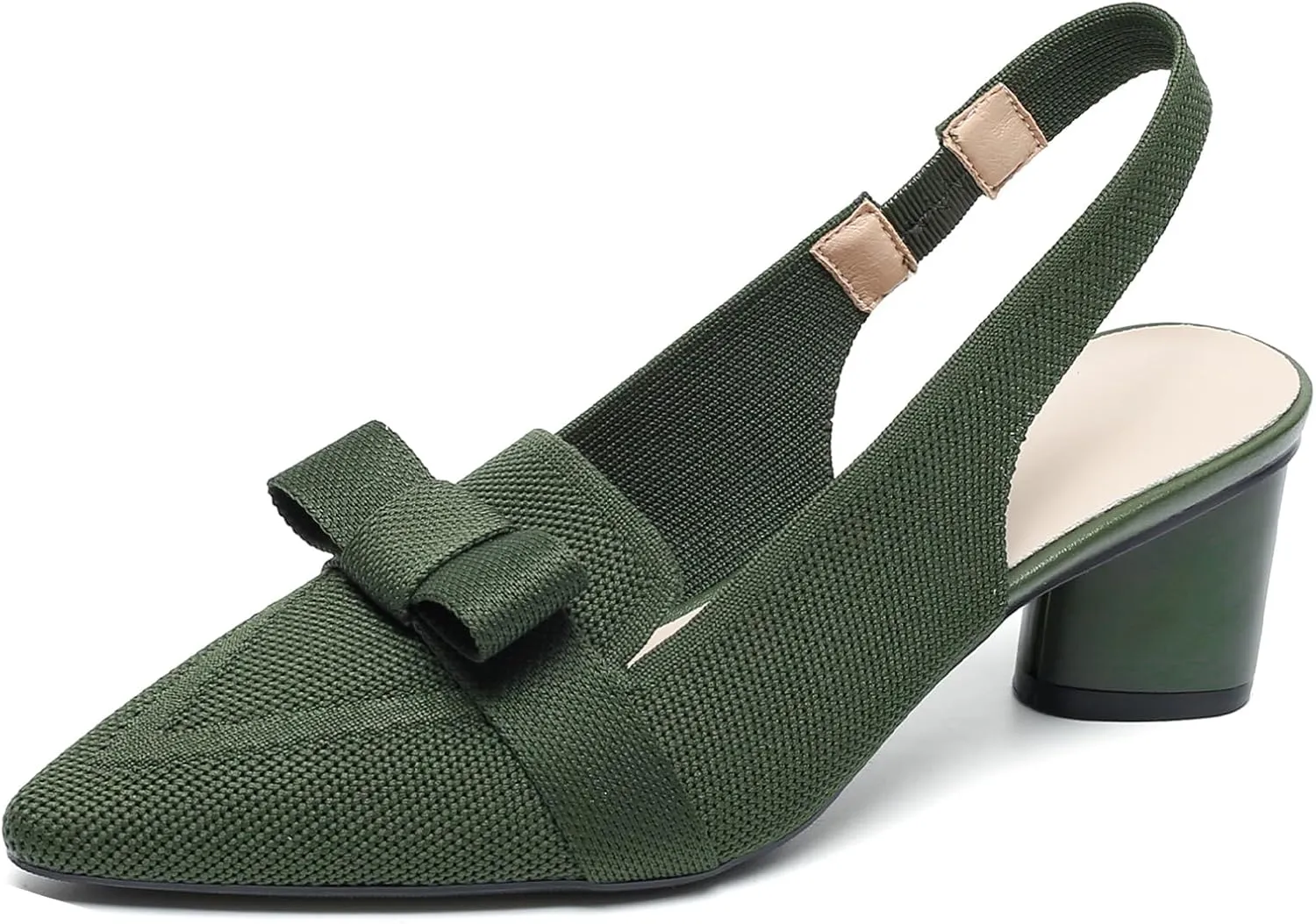 Women's Knitted Bow Slingback Chunky Heel Pumps Closed Pointed Toe Slip On Low Block Heels Daily Work Office Dress Shoes