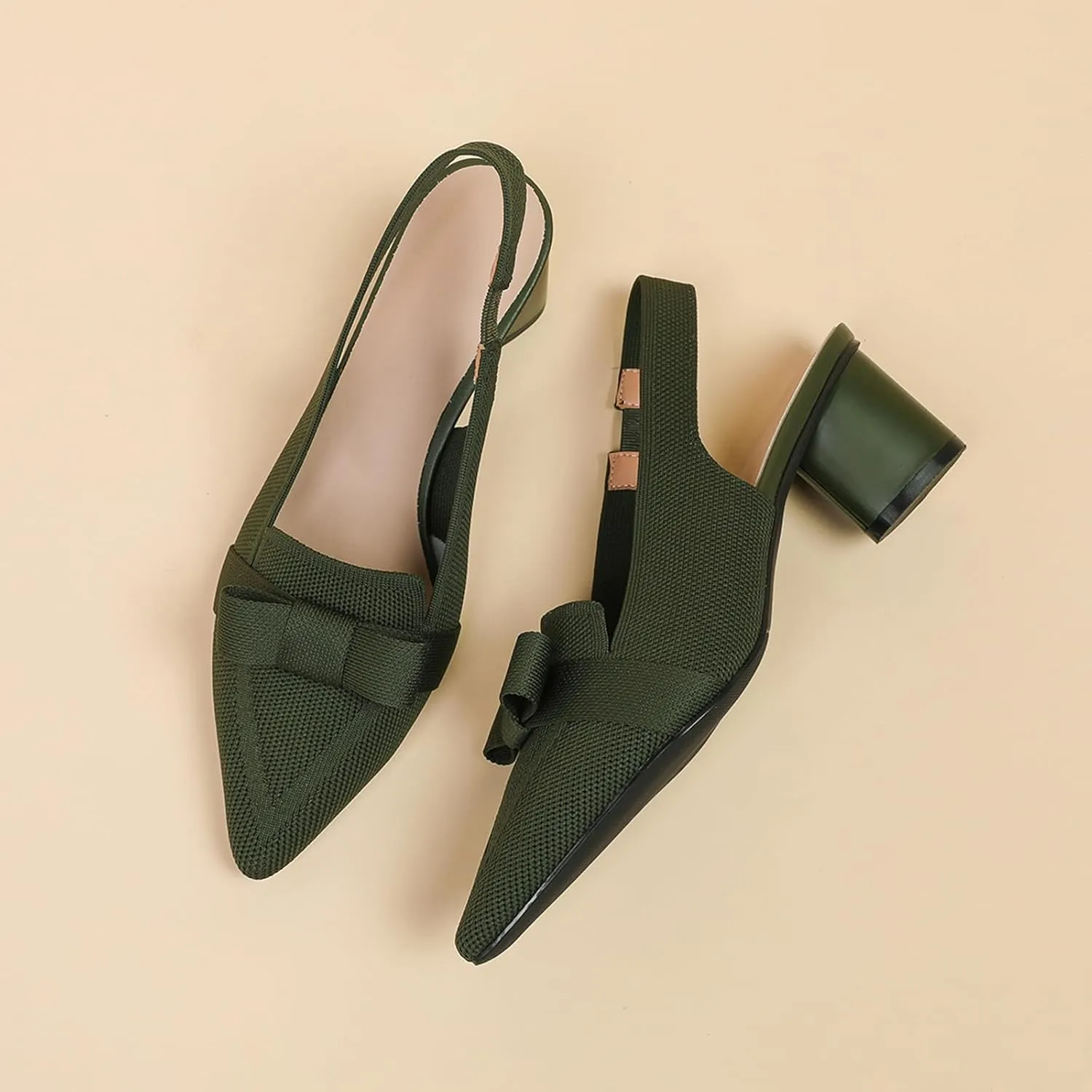 Women's Knitted Bow Slingback Chunky Heel Pumps Closed Pointed Toe Slip On Low Block Heels Daily Work Office Dress Shoes