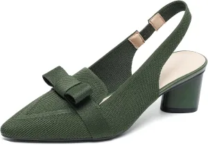 Women's Knitted Bow Slingback Chunky Heel Pumps Closed Pointed Toe Slip On Low Block Heels Daily Work Office Dress Shoes