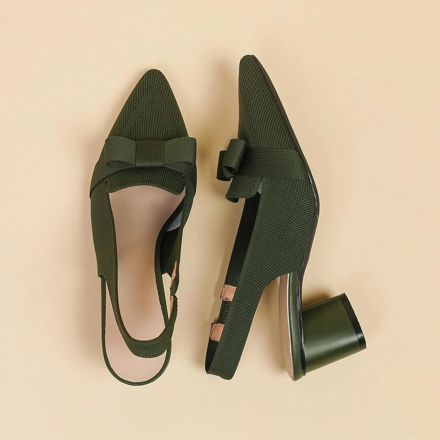 Women's Knitted Bow Slingback Chunky Heel Pumps Closed Pointed Toe Slip On Low Block Heels Daily Work Office Dress Shoes