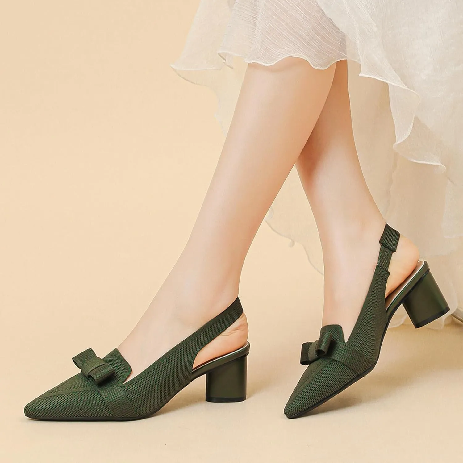 Women's Knitted Bow Slingback Chunky Heel Pumps Closed Pointed Toe Slip On Low Block Heels Daily Work Office Dress Shoes