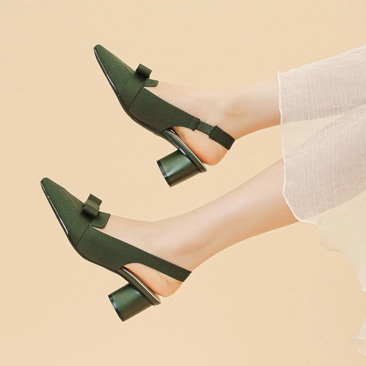 Women's Knitted Bow Slingback Chunky Heel Pumps Closed Pointed Toe Slip On Low Block Heels Daily Work Office Dress Shoes