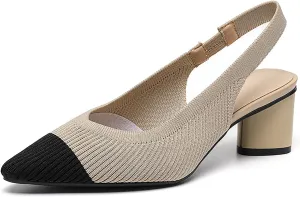 Women's Knitted Pointed Toe Slingback Heels Pumps,Comfortable Elastic Band Chunky Heel Sandals Low Heel Slip On Casual Work Office Dress Shoes