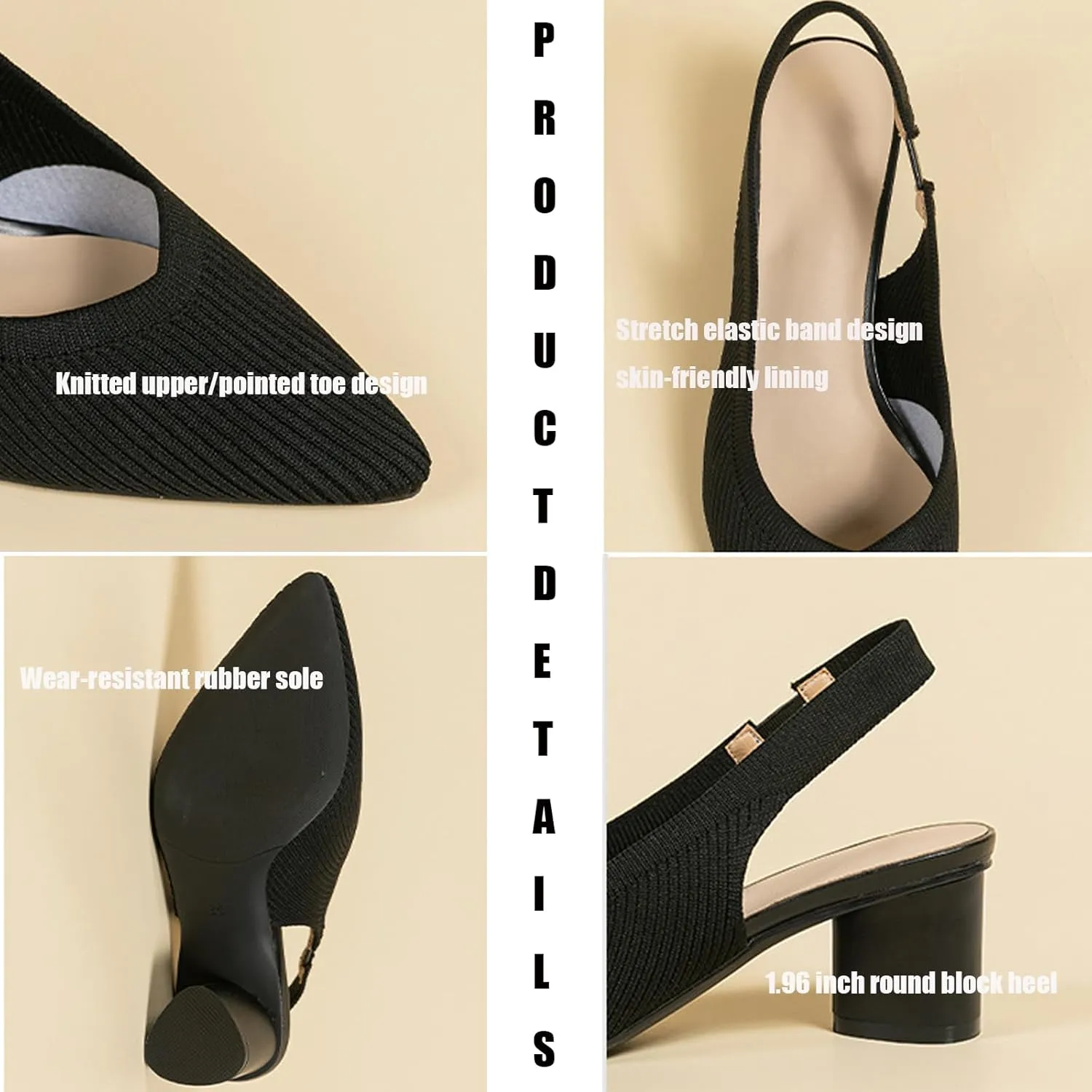 Women's Knitted Pointed Toe Slingback Heels Pumps,Comfortable Elastic Band Chunky Heel Sandals Low Heel Slip On Casual Work Office Dress Shoes