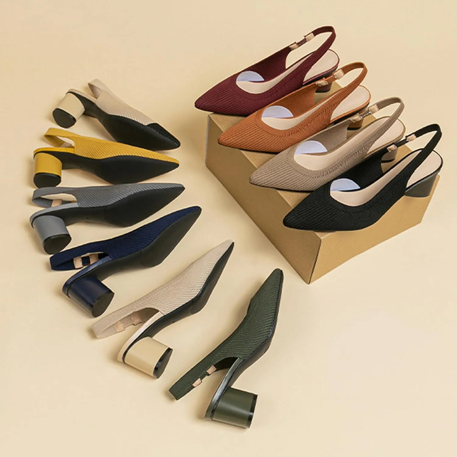Women's Knitted Pointed Toe Slingback Heels Pumps,Comfortable Elastic Band Chunky Heel Sandals Low Heel Slip On Casual Work Office Dress Shoes