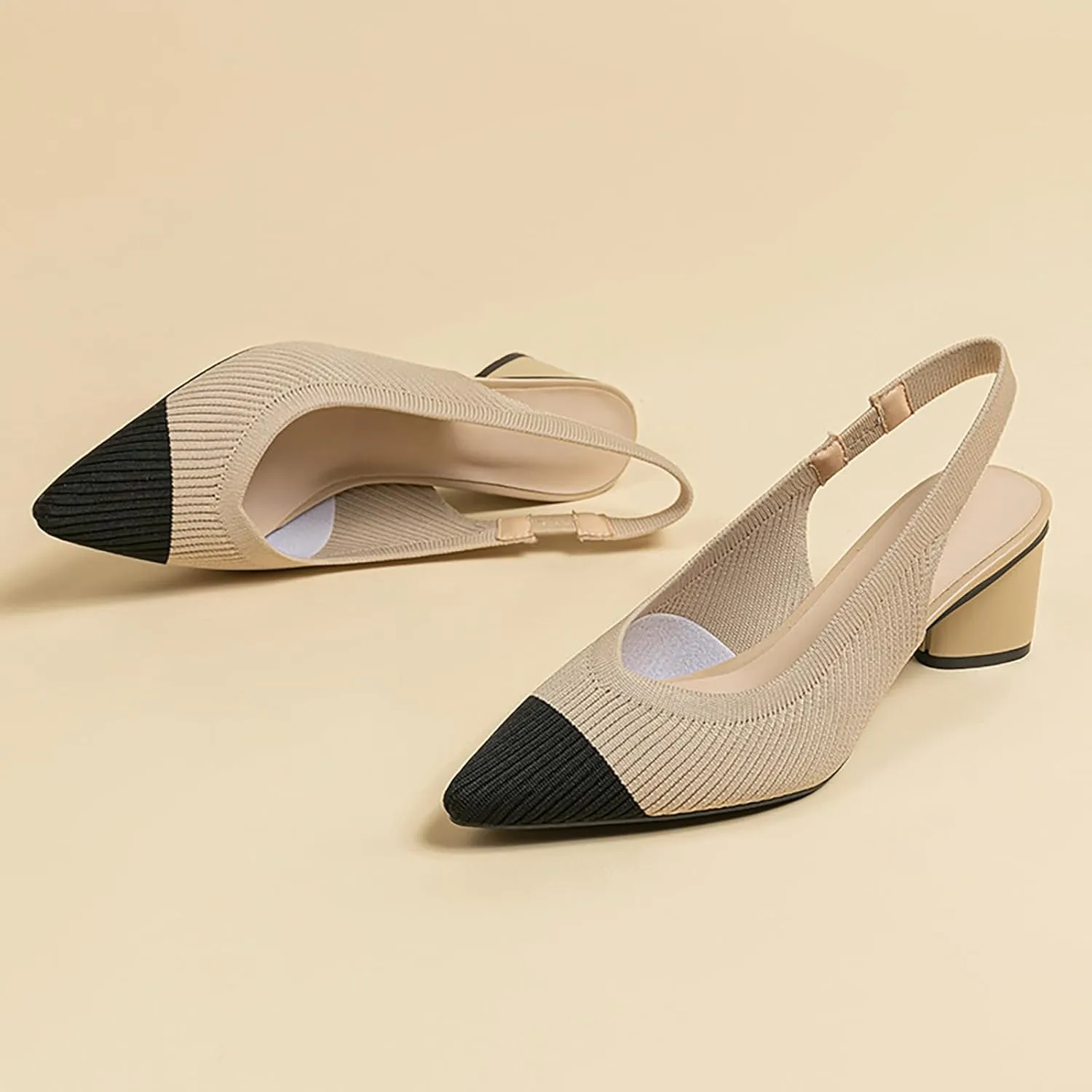 Women's Knitted Pointed Toe Slingback Heels Pumps,Comfortable Elastic Band Chunky Heel Sandals Low Heel Slip On Casual Work Office Dress Shoes