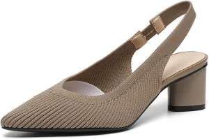 Women's Knitted Slingback Dress Pumps with Ankle Strap Closed Pointed Toe Low Block Heel Dress Shoes for Work Office Wedding Dressy