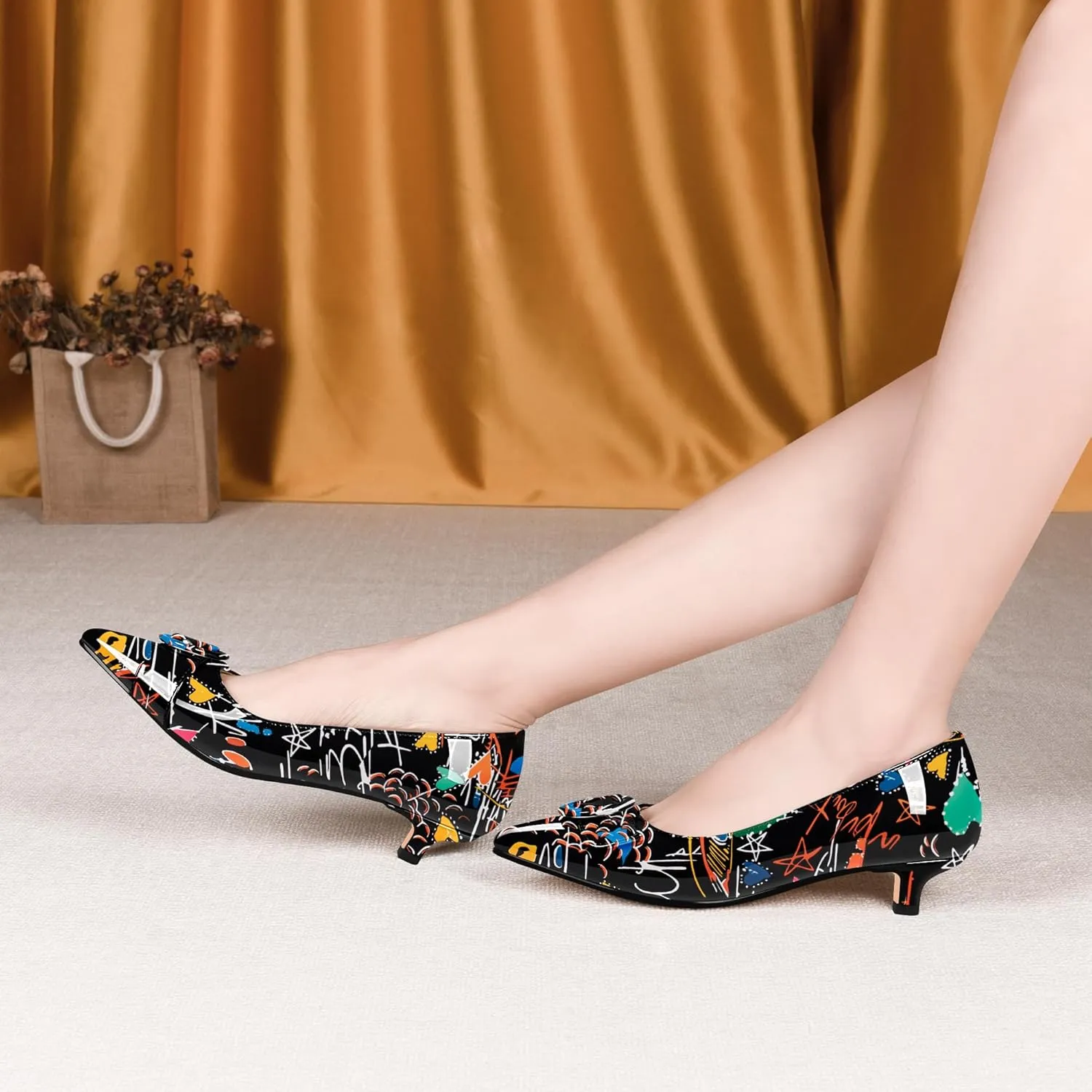 Women's Low Kitten Heel Pumps Pointed Closed Toe Buckle Slip On Office Comfort Shoes
