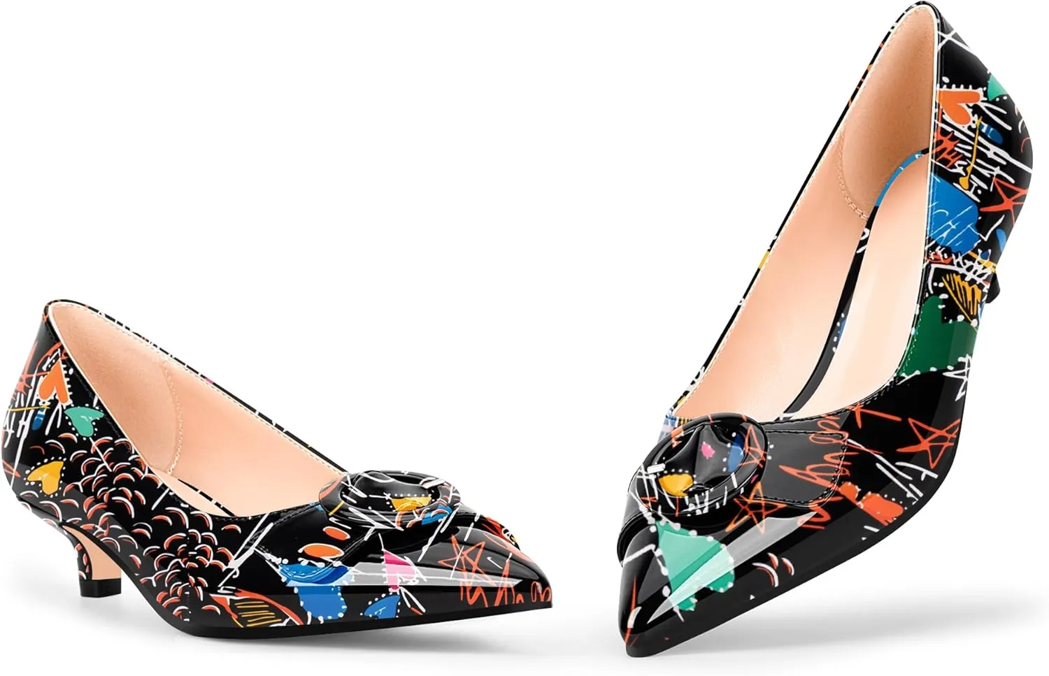 Women's Low Kitten Heel Pumps Pointed Closed Toe Buckle Slip On Office Comfort Shoes
