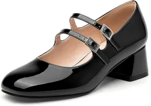 Women's Mary Jane Pumps - Chunky Mid Heel with 3-Strap Buckle Design, Comfortable Round Toe