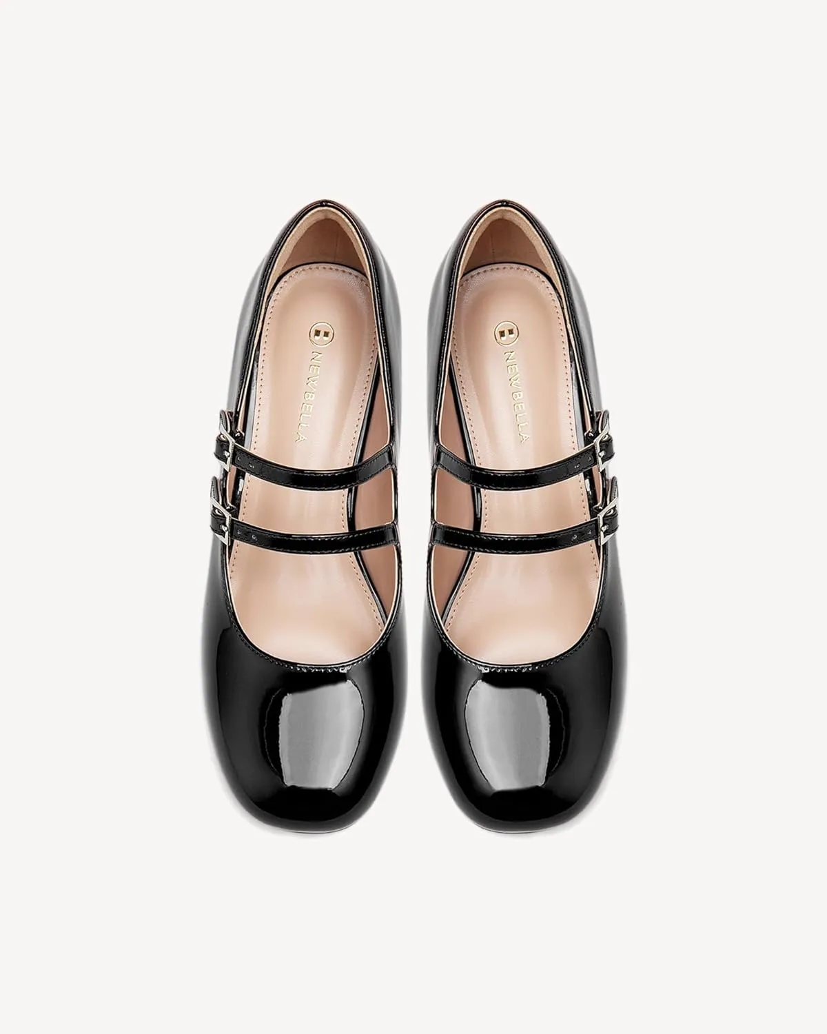 Women's Mary Jane Pumps - Chunky Mid Heel with 3-Strap Buckle Design, Comfortable Round Toe