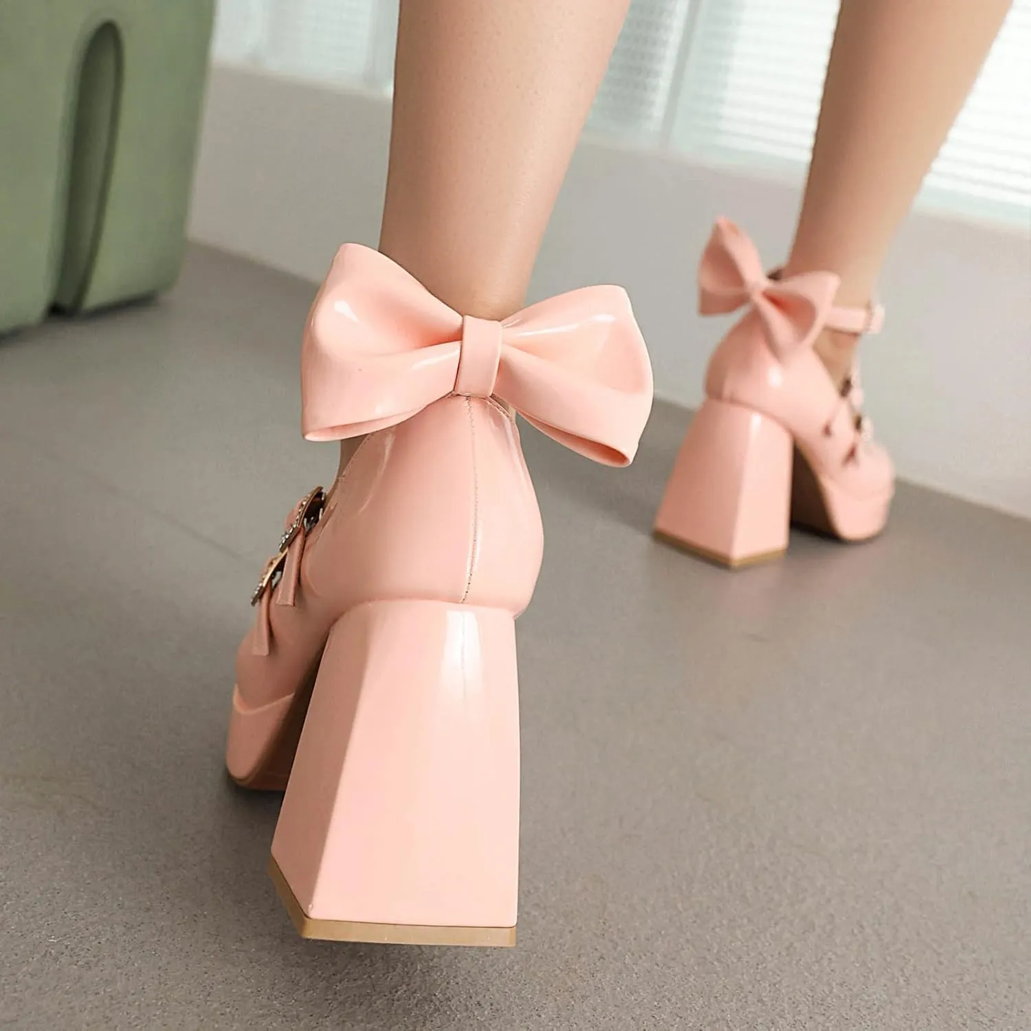 Women's Platform Block High Heel Bow Tie Sweet Lolita Shoes Round Toe Ankle Strap Mary Janes Pumps Goth Harajuku Kawaii Shoe