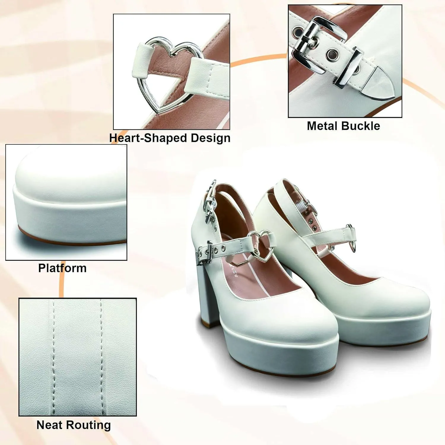 Women's Sexy Thick Heels Platform Heart Buckle Strap Mary Janes High Heel Round Toe Goth Shoes