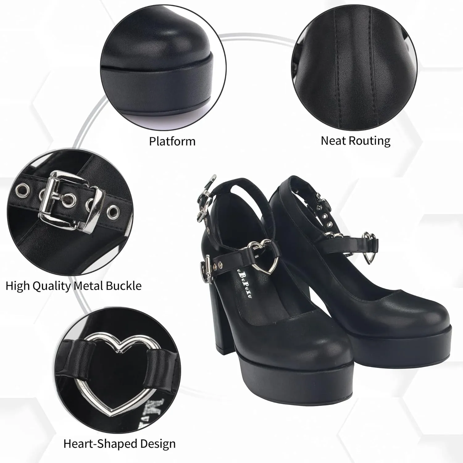 Women's Sexy Thick Heels Platform Heart Buckle Strap Mary Janes High Heel Round Toe Goth Shoes