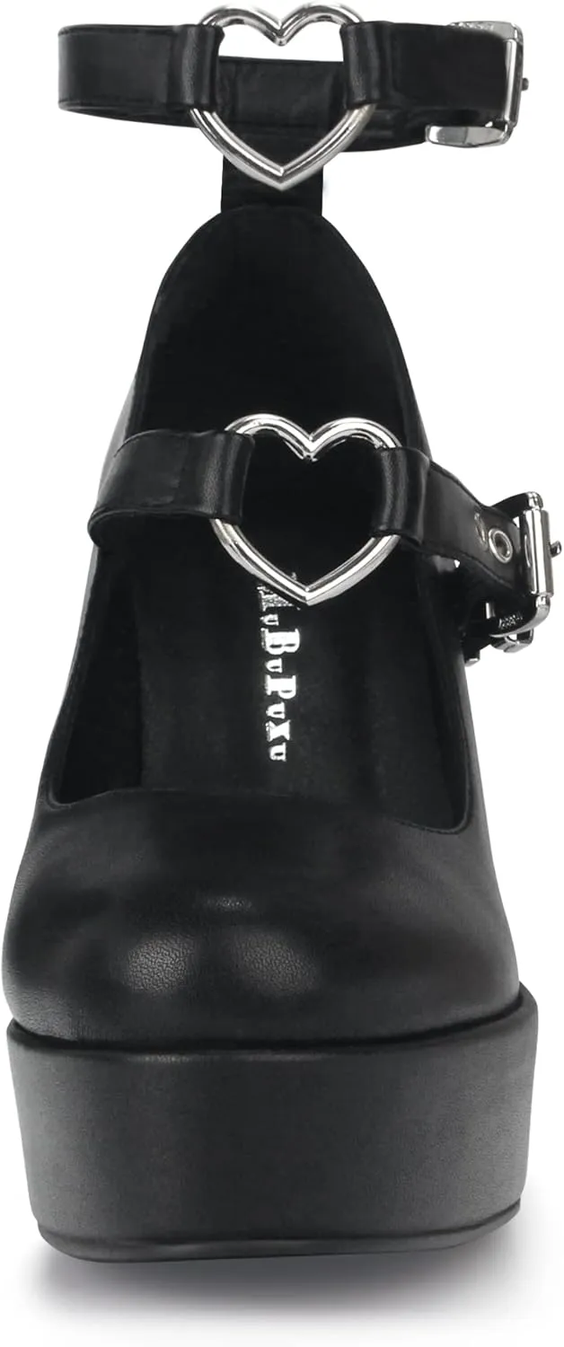 Women's Sexy Thick Heels Platform Heart Buckle Strap Mary Janes High Heel Round Toe Goth Shoes