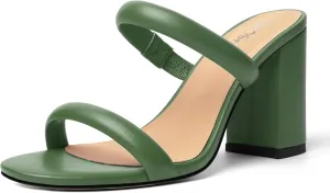 Womens Slip On Evening Matte Round Toe Open Toe Dress Block High Heel Heeled Sandals 3.3 Inch