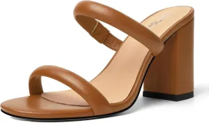 Womens Slip On Evening Matte Round Toe Open Toe Dress Block High Heel Heeled Sandals 3.3 Inch
